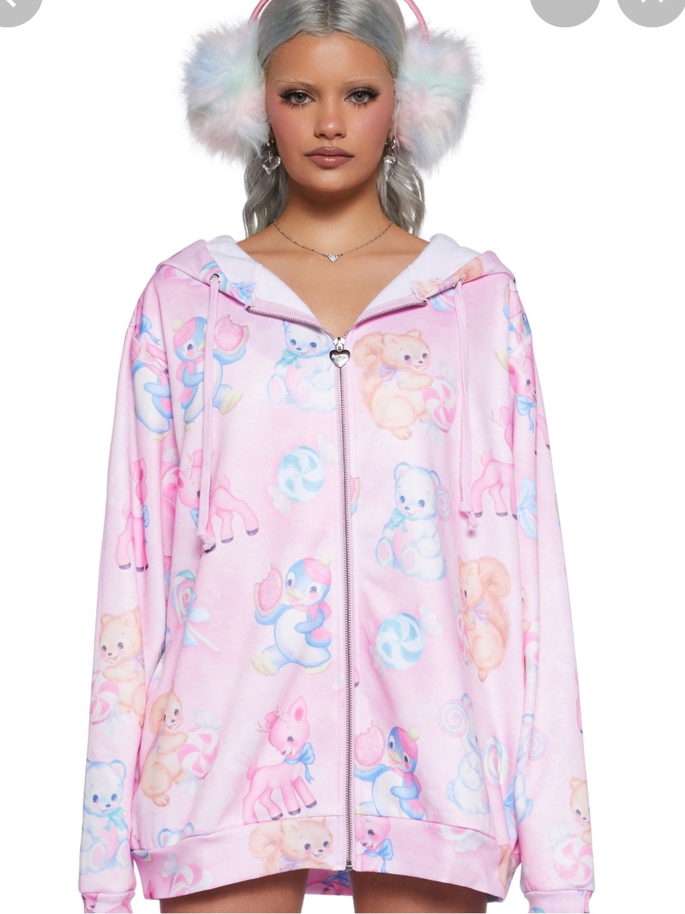 Dolls Kill Pastel Pink Candy Animal Print Fleece Hoodie